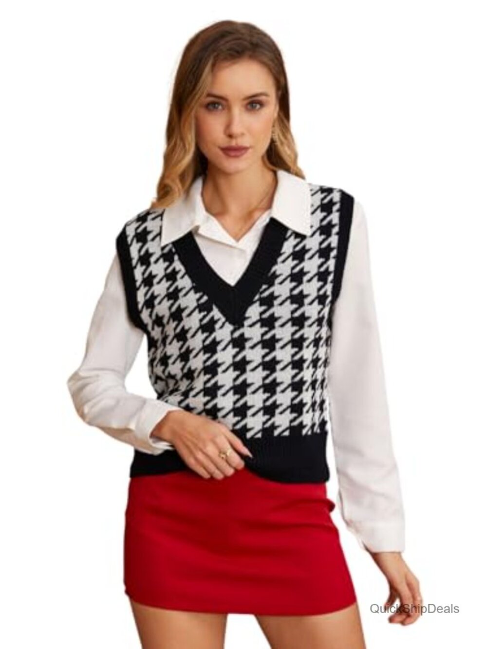 Sleeveless Knit Sweater Vest Houndstooth Crop Tank Top V-Neck